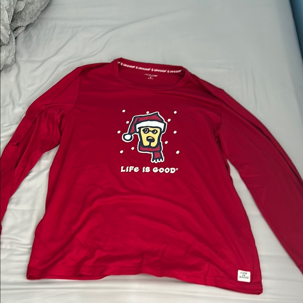 Life is Good Red Holiday Dog Long Sleeve Tee